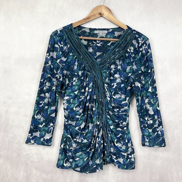 Classiques Entier Womens Silk Top Large Ruched Teal Stretchy Floral Fairy Dainty - Picture 1 of 9
